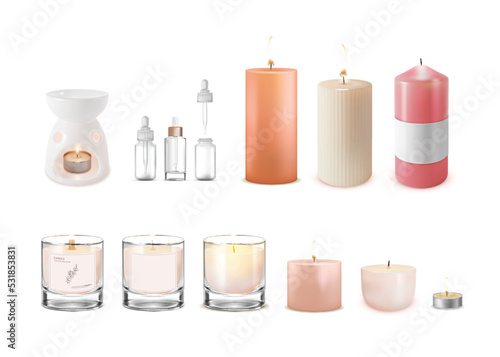 Realistic Detailed 3d Aromatherapy Concept Element Set Include of Lamp Aroma, Essential Oil Bottle and Scented Candle . Vector illustration