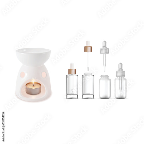 Realistic Detailed 3d Lamp Aroma Therapy and Empty Essential Oil Bottle Isolated on a White Background. Vector illustration of Aromatherapy Concept