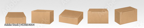 Craft eco package, boxes mockup, brown square carton parcel containers. Closed cardboard packaging for goods, isolated drawers, distribution blank packs for freight shipping, Realistic 3d vector set