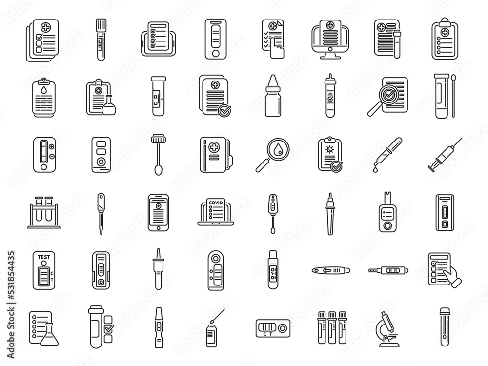 Test result icons set outline vector. Hiv test. Rapid kit Test result icons set outline vector. Hiv test. Rapid kit