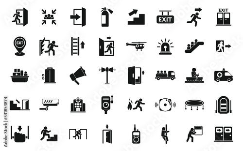 Human evacuation icons set simple vector. Emergency exit. Escape door