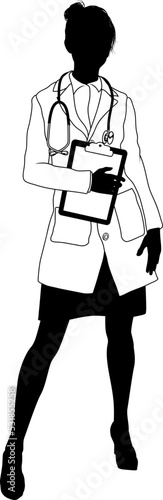 Silhouette female doctor woman medical healthcare person. In a lab coat and holding a clipboard.