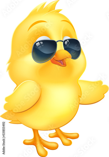 A cool Easter baby chick chicken bird cartoon character in sunglasses or shades pointing a wing