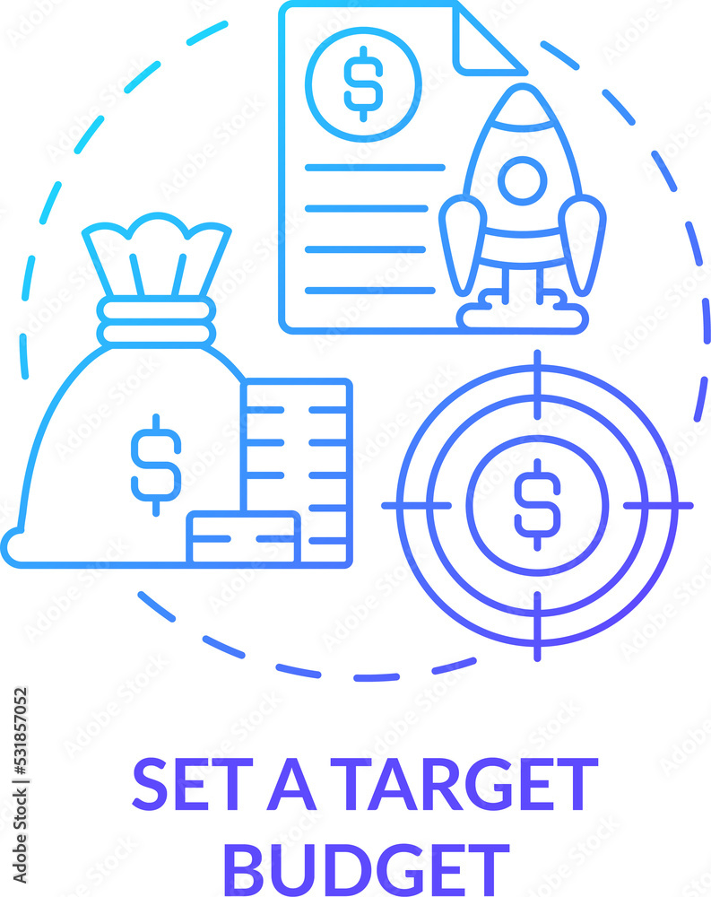 Set target budget blue gradient concept icon. Financial goal. Startup budgeting abstract idea thin line illustration. Isolated outline drawing Set target budget blue gradient concept icon. Financial goal. Startup budgeting abstract idea thin line illustration. Isolated outline drawing