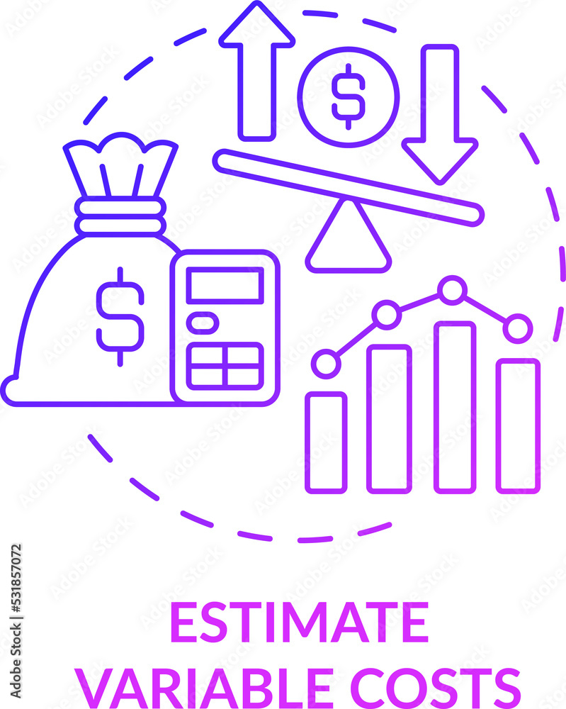 Estimate variable costs purple gradient concept icon. Money planning. Startup budgeting abstract idea thin line illustration. Isolated outline drawing Estimate variable costs purple gradient concept icon. Money planning. Startup budgeting abstract idea thin line illustration. Isolated outline drawing