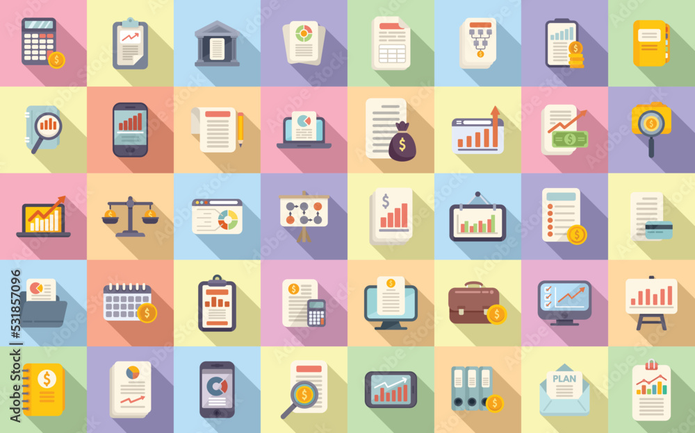 Financial planning icons set flat vector. Manage risk. Plan account Financial planning icons set flat vector. Manage risk. Plan account