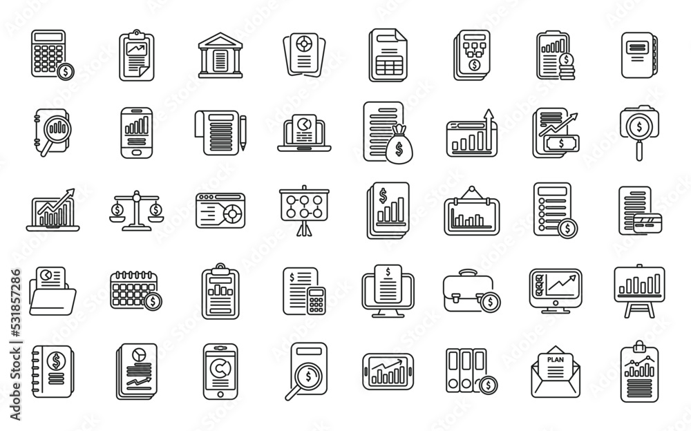 Financial planning icons set outline vector. Manage risk. Plan account Financial planning icons set outline vector. Manage risk. Plan account