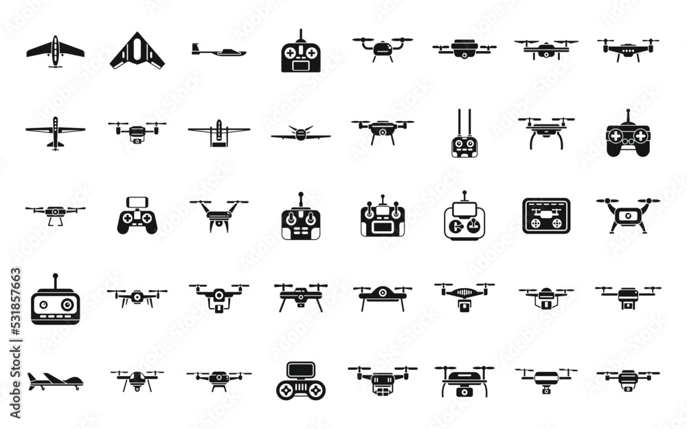 Drone technology icons set simple vector. Vr delivery. Helicopter survey