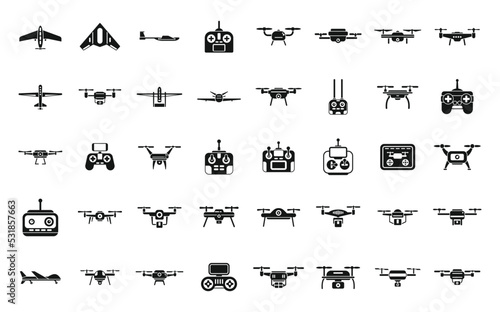 Drone technology icons set simple vector. Vr delivery. Helicopter survey
