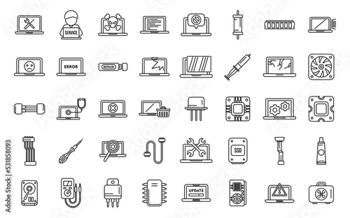 Laptop repair icons set outline vector. Repair computer. Broken support