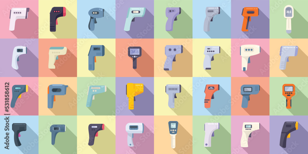 Laser thermometer icons set flat vector. Heat device. Celsius corona Laser thermometer icons set flat vector. Heat device. Celsius corona