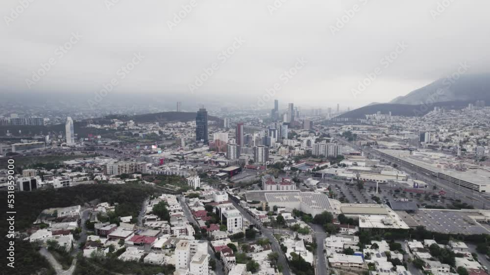 drone shoot at morning cloudy day at hasta bandera over obispado hill at Monterrey City, Mexico drone shoot at morning cloudy day at hasta bandera over obispado hill at Monterrey City, Mexico
