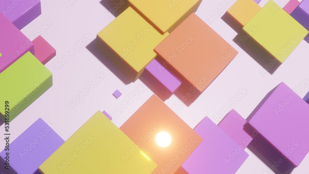 3D illustration abstract art of multicolored box pattern with purple - white background 3D illustration abstract art of multicolored box pattern with purple - white background