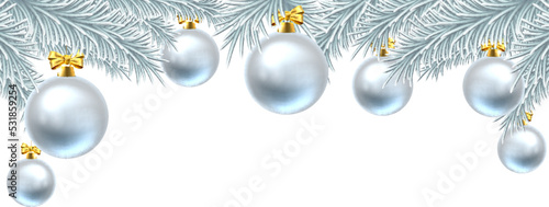 Snowflakes and Christmas tree baubles hanging from a Christmas tree background.