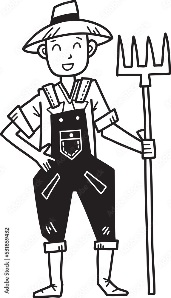 Hand Drawn male farmer holding a rake illustration Hand Drawn male farmer holding a rake illustration