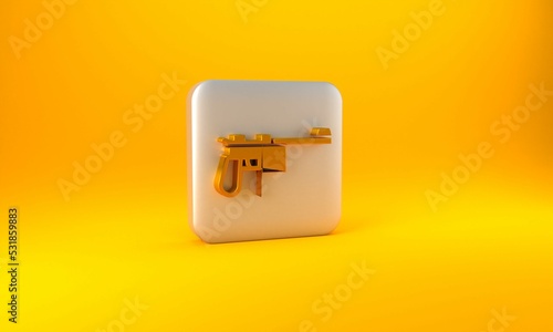 Gold Mauser gun icon isolated on yellow background. Mauser C96 is a semi-automatic pistol. Silver square button. 3D render illustration photo