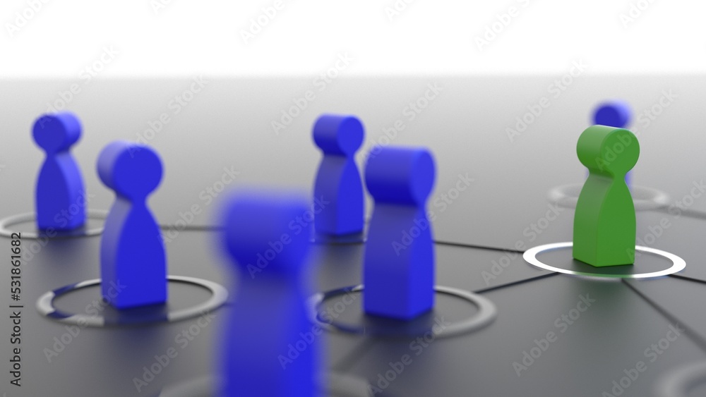 Chain of blue-green human figurines connected by black lines under blue lighting. Cooperation and interaction between people and employees. Dissemination of information in society, rumors. 3D CG. Chain of blue-green human figurines connected by black lines under blue lighting. Cooperation and interaction between people and employees. Dissemination of information in society, rumors. 3D CG.