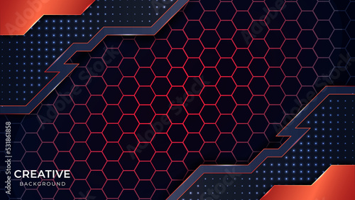 Dark hexagonal technology abstract vector background with orange and black colored bright flashes under hexagon.gaming vector abstract background