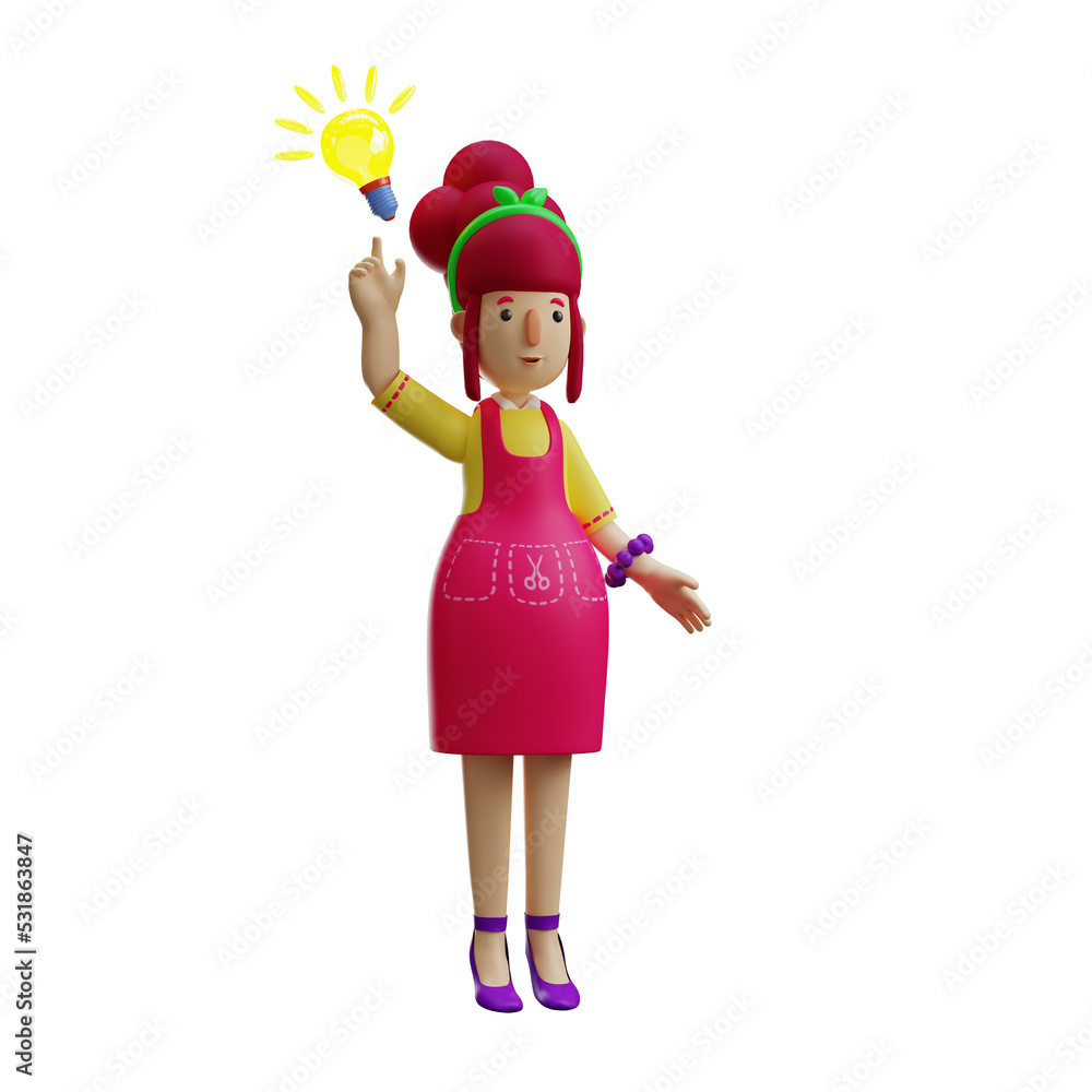3D illustration. Smart 3D Mother cartoon with idea gesture. pointed at the idea lamp above. put on a serious expression. 3D Cartoon Character 3D illustration. Smart 3D Mother cartoon with idea gesture. pointed at the idea lamp above. put on a serious expression. 3D Cartoon Character