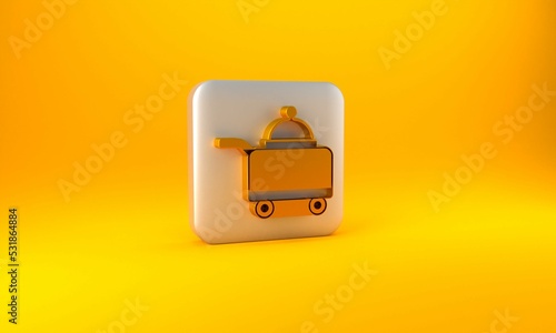 Gold Covered with a tray of food icon isolated on yellow background. Tray and lid sign. Restaurant cloche with lid. Silver square button. 3D render illustration photo