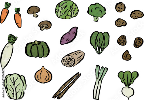 筆で描いた、秋や冬の野菜セット