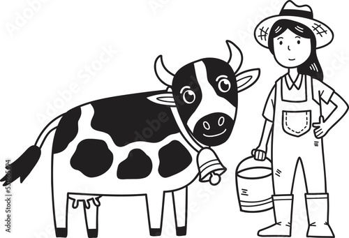 Hand Drawn woman farmer standing next to cow illustration