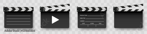 Clapper board set. Realistic black movie clappers board set. Clapboards open and closed. Director clapboard. Realistic vector illustration. Film. Cinematic device. Movie clapper design template