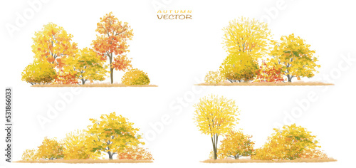 Vector autumn trees collection,watercolor blooming flower tree or forest side view isolated on white background for landscape and decorative ,elements for environment or and garden,botanical garden