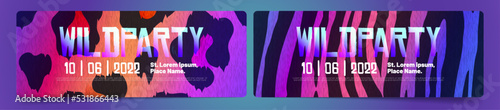 Wild party invitation flyers to night club entertainment with holographic fur textures, ombre animal skin pattern, zebra or tiger stripes and cheetah dots on glowing neon background, Vector banners