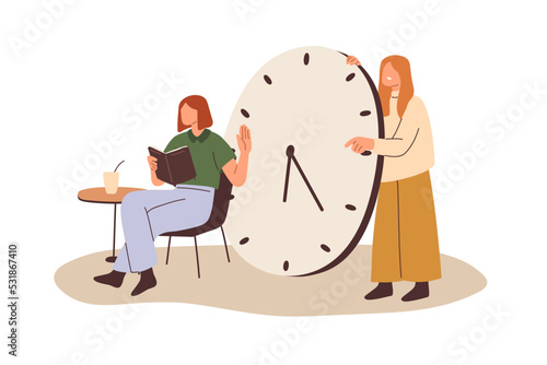 Procrastination concept. Lazy person procrastinating, postponing, delaying work for later time. Unproductive worker relaxing, ignoring deadlines. Flat vector illustration isolated on white background