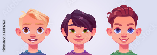 Boy face avatars, portraits of young male characters. Caucasian kids with blond, black and ginger hair, brown, blue and green eyes. Cartoon smiling teen or preteen characters, Vector illustration