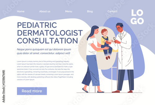 Doctor examines skin on child's hand. Diagnosis and consultation of pediatric dermatologist, allergist. Vector characters flat cartoon illustration. Web template, landing page, website.