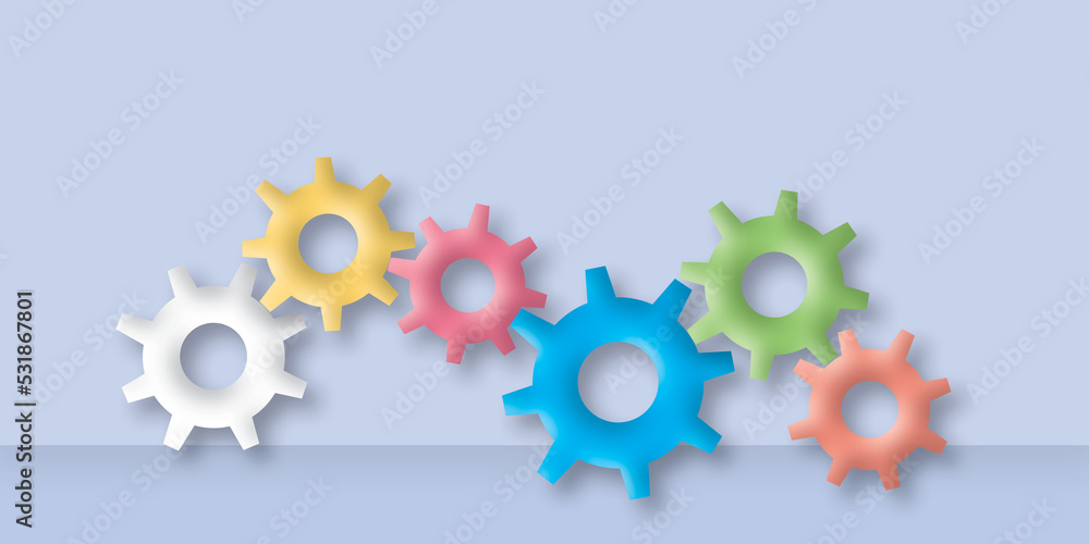Colorful gears with shadow overlay on pastel wall background. Engineering and team or teamwork concept. copy space for the text. illustration of 3d paper cut minimal design style. Colorful gears with shadow overlay on pastel wall background. Engineering and team or teamwork concept. copy space for the text. illustration of 3d paper cut minimal design style.
