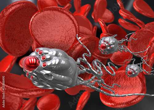 Nanobots in the blood stream, illustration photo