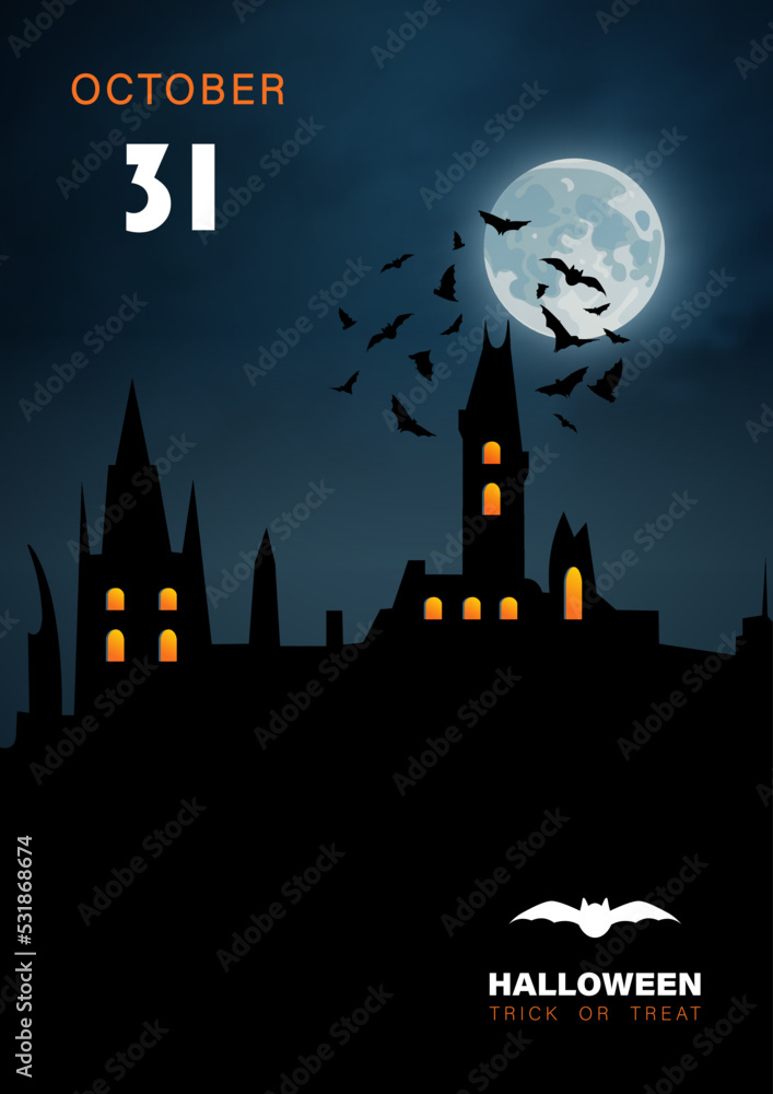 Halloween vertical background with haunted house and full moon.
