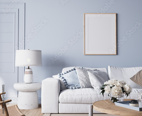 Tablou pe pânză Modern bright living room in costal style, white sofa and wooden furniture on li