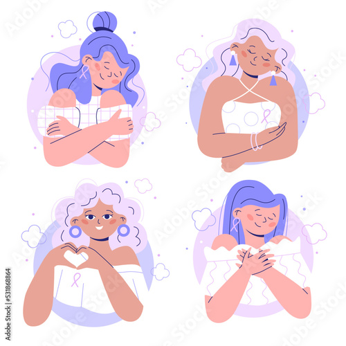 Set of women that love themselves. Concept of taking care of yourself. Breast cancer awareness day.