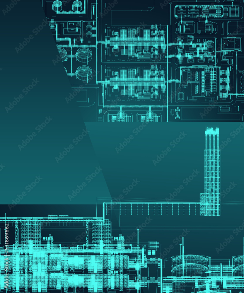 Scheme of the LNG plant in neon colors. 3d-rendering