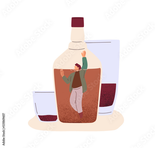 Alcoholism, alcohol use disorder, abuse, excess concept. Drunken addicted man, drunkard in slavery, addiction with alcoholic drink. Flat graphic vector illustration isolated on white background