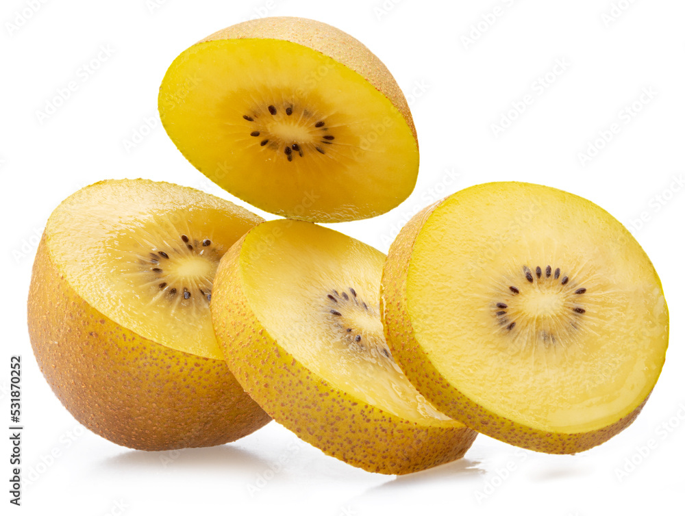 Golden kiwi slices isolated on white background. Golden kiwi slices isolated on white background.