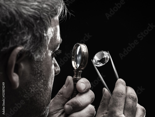 Large gemstone in jeweler's hand close up. Gem identifying and evaluating process.