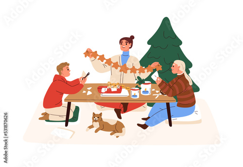 Family making DIY decoration for Christmas tree. Happy mother and children with handmade decor for winter Xmas, New Year holiday at home. Flat graphic vector illustration isolated on white background