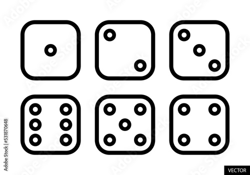 Dice sides or dice faces vector icon set in line style design isolated on white background. Six-sided dice. Editable stroke. Vector illustration.