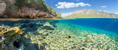 Split view - half underwater view of beautiful seabed and rocky coastline with pine trees, Turkey, Bodrum.