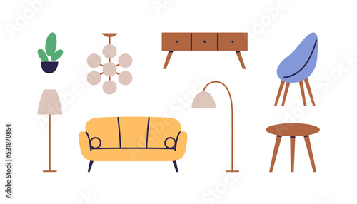Furniture set for home living room interior. Sofa, cozy couch, chair, floor lamps, wood coffee table and potted plant in Scandinavian style. Flat vector illustrations isolated on white background