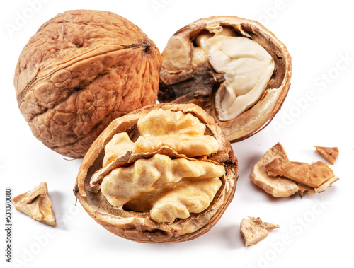 Walnuts and opened walnut with isolated on white background.