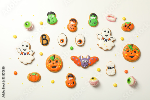 Fototapeta Naklejka Na Ścianę i Meble -  Concept of Halloween sweets, funny sweets, top view