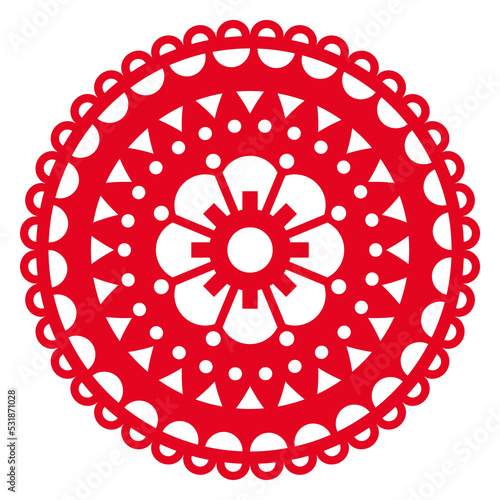 Papel Picado vector round design with floral and geometric mandala, Mexican fiesta garland paper decor with cutout shapes
