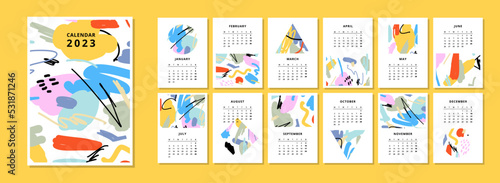 Calendar 2023 with colorful hand drawn abstract textures. Can be used for printable creative template and also like application for mobile phone, tablet, computer.