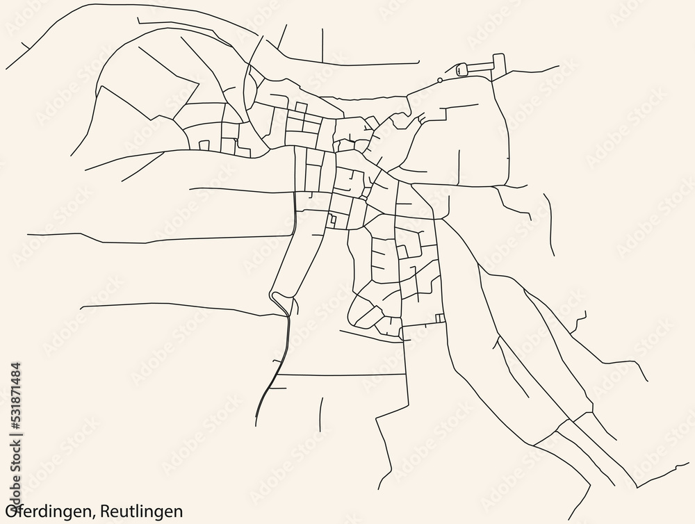 Detailed navigation black lines urban street roads map of the OFERDINGEN QUARTER of the German regional capital city of Reutlingen, Germany on vintage beige background